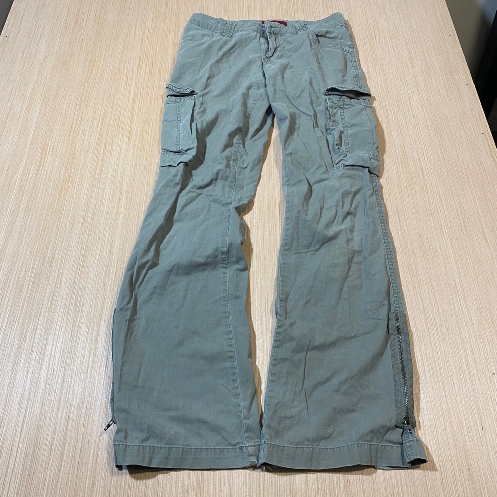 Moe More of Everything Women 0 Green Cargo Pants Low Rise Flare Zip Hem Utility
